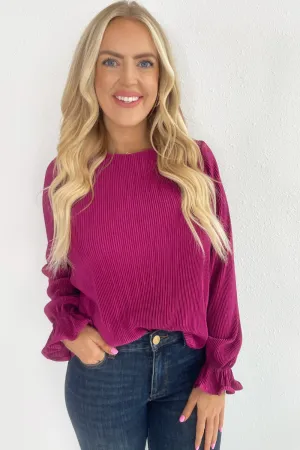 Long Sleeve Solid Plisse Top
