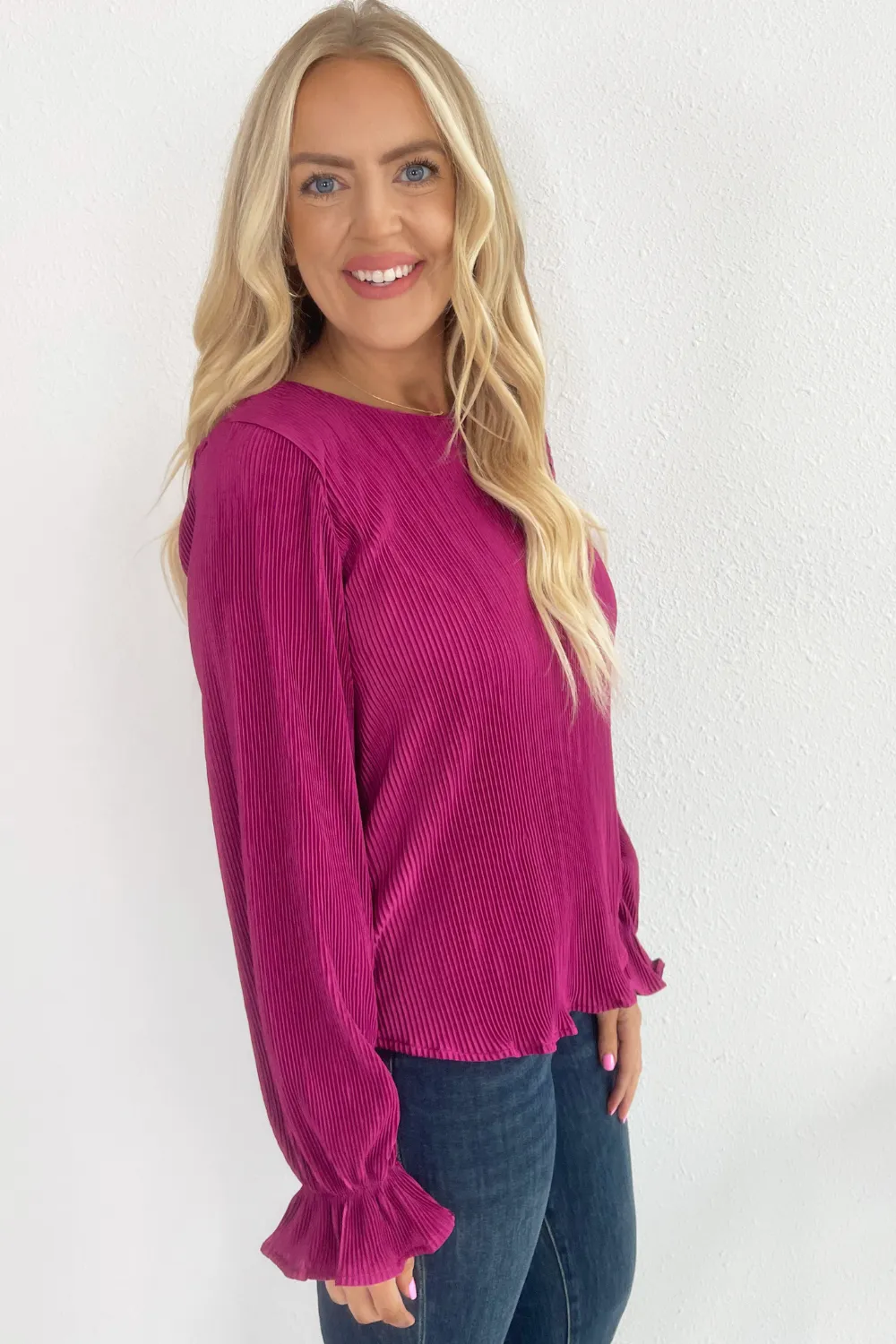 Long Sleeve Solid Plisse Top