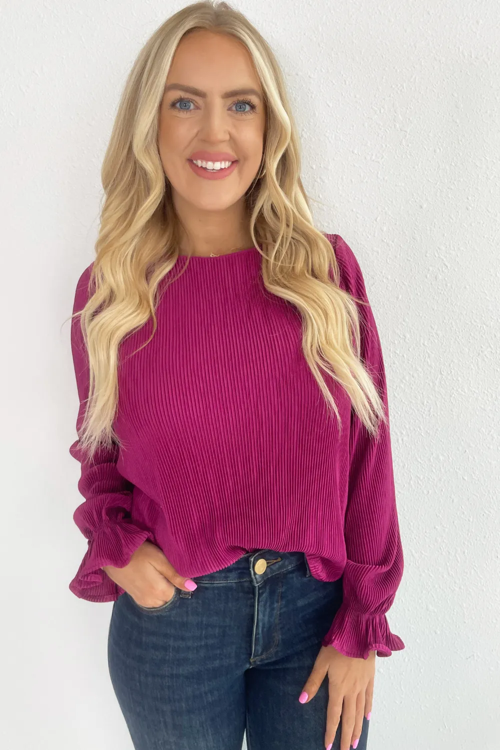 Long Sleeve Solid Plisse Top
