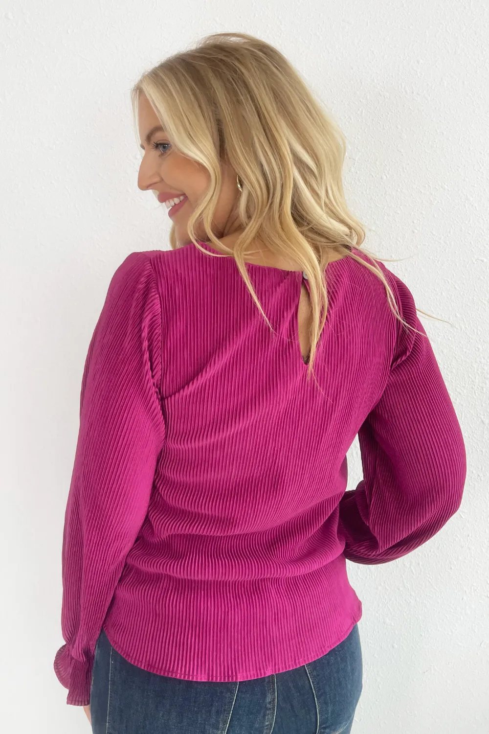 Long Sleeve Solid Plisse Top
