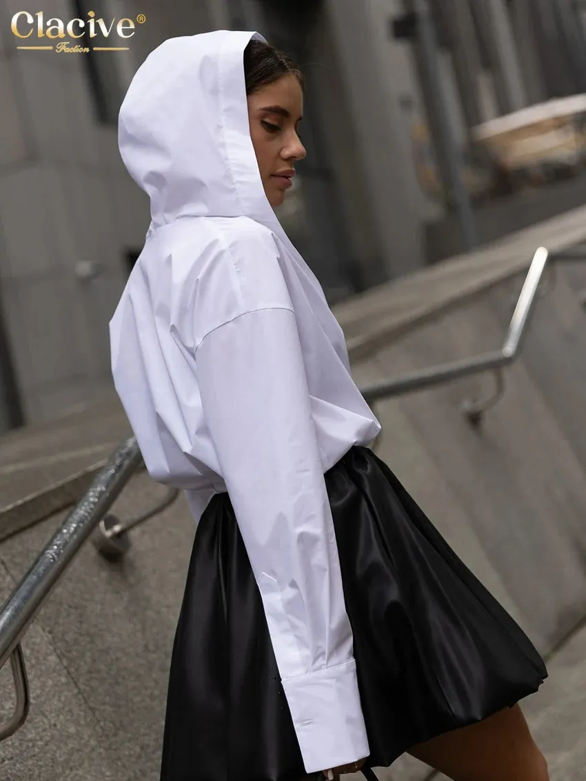 Long Sleeve White Cotton Women's Shirt Hooded