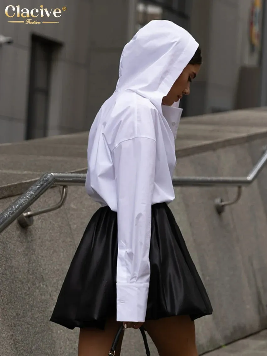 Long Sleeve White Cotton Women's Shirt Hooded