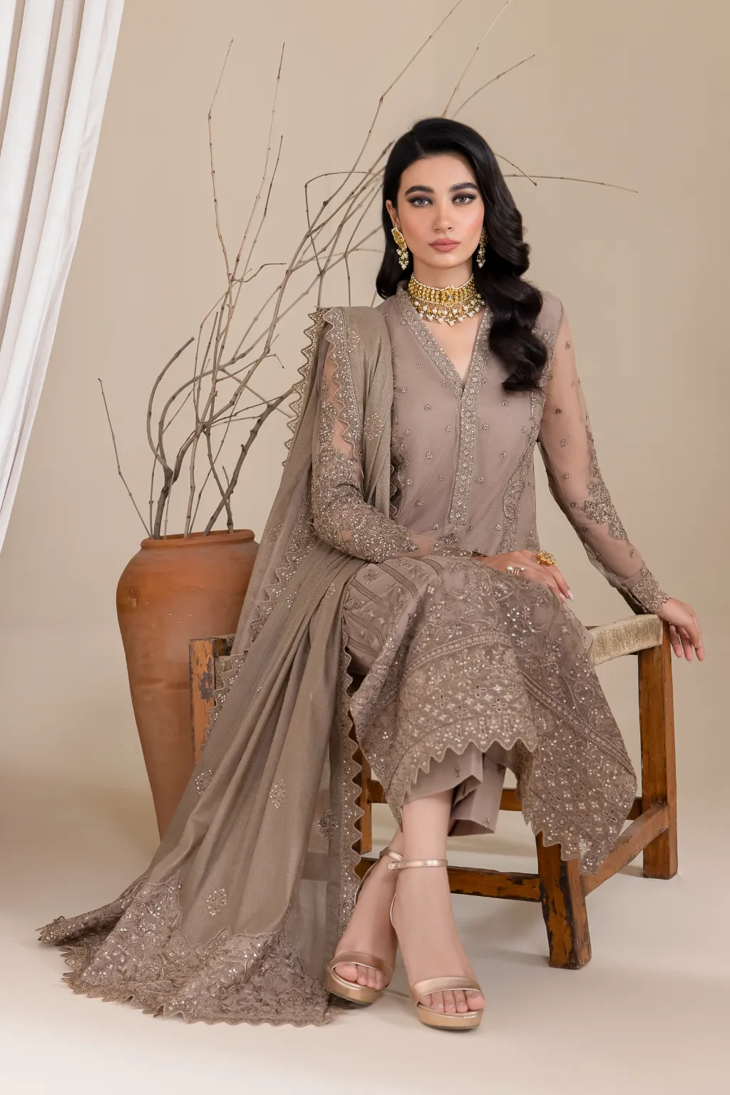 Luxury Grey Embroidered Pakistani Salwar Kameez Dupatta Suit