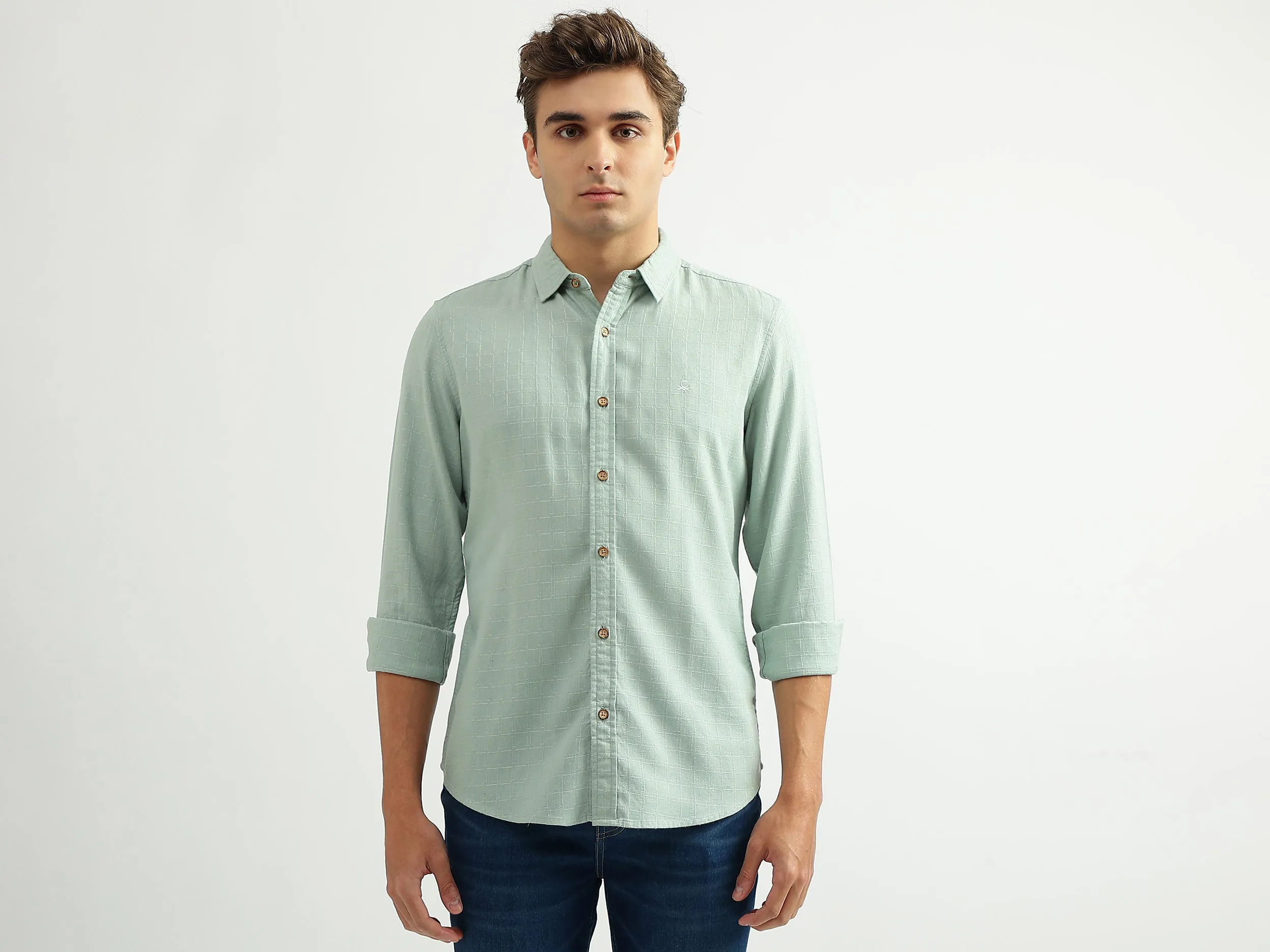 Men Checked Spread Collar Shirt