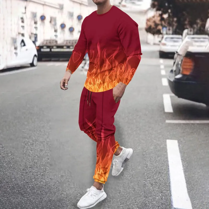 Men's 3D flame print long-sleeved T-shirt and trousers two-piece set 2410008641