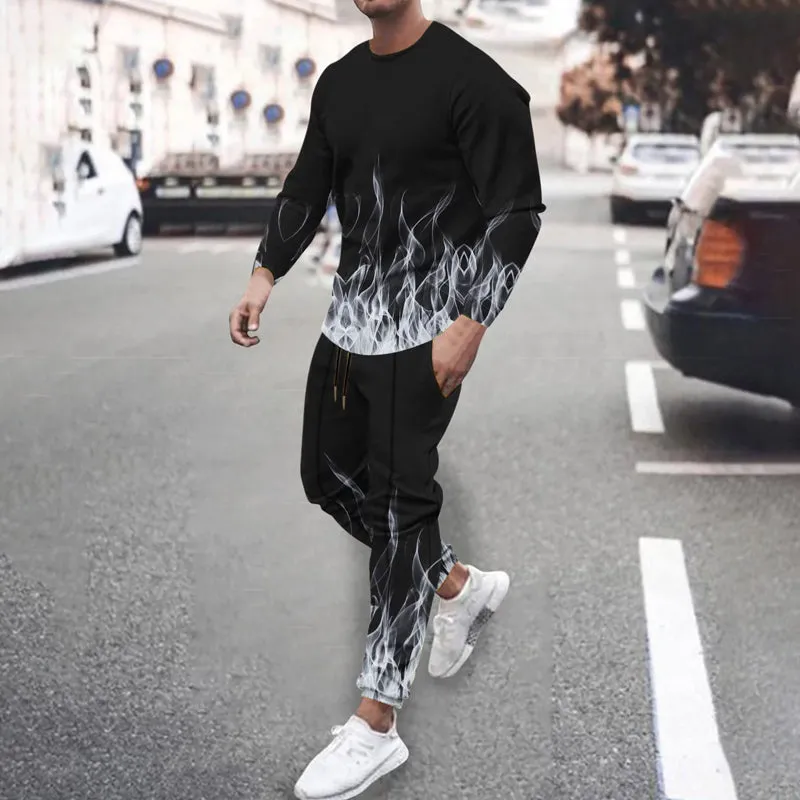 Men's 3D flame print long-sleeved T-shirt and trousers two-piece set 2410008641