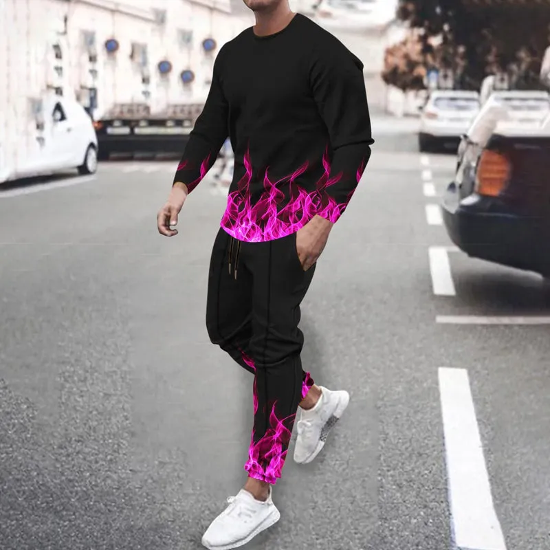 Men's 3D flame print long-sleeved T-shirt and trousers two-piece set 2410008641