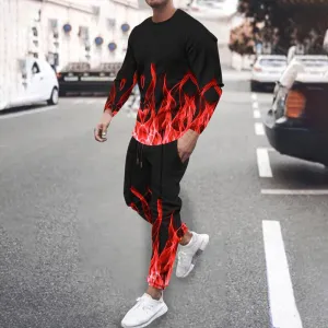 Men's 3D flame print long-sleeved T-shirt and trousers two-piece set 2410008641