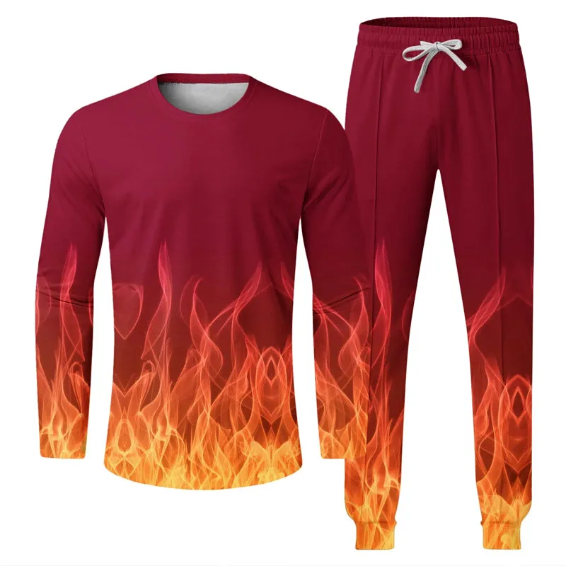 Men's 3D flame print long-sleeved T-shirt and trousers two-piece set 2410008641