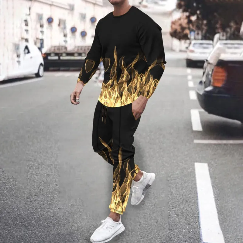Men's 3D flame print long-sleeved T-shirt and trousers two-piece set 2410008641