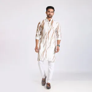 Men's Beige and White Digital Print Kurta