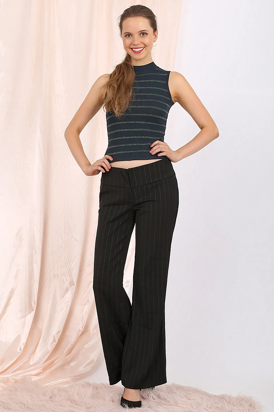 MISS PINKI Izabella tailored stripe work pants in Black