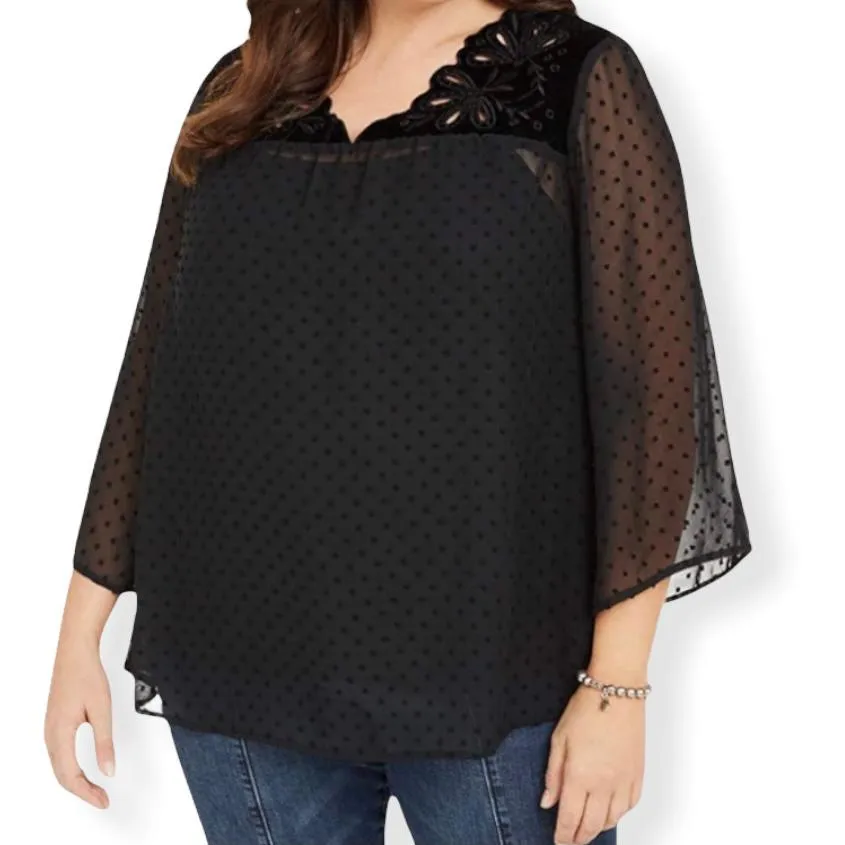 Mixed-Media Sheer-Sleeve V-Neck Women's Blouses
