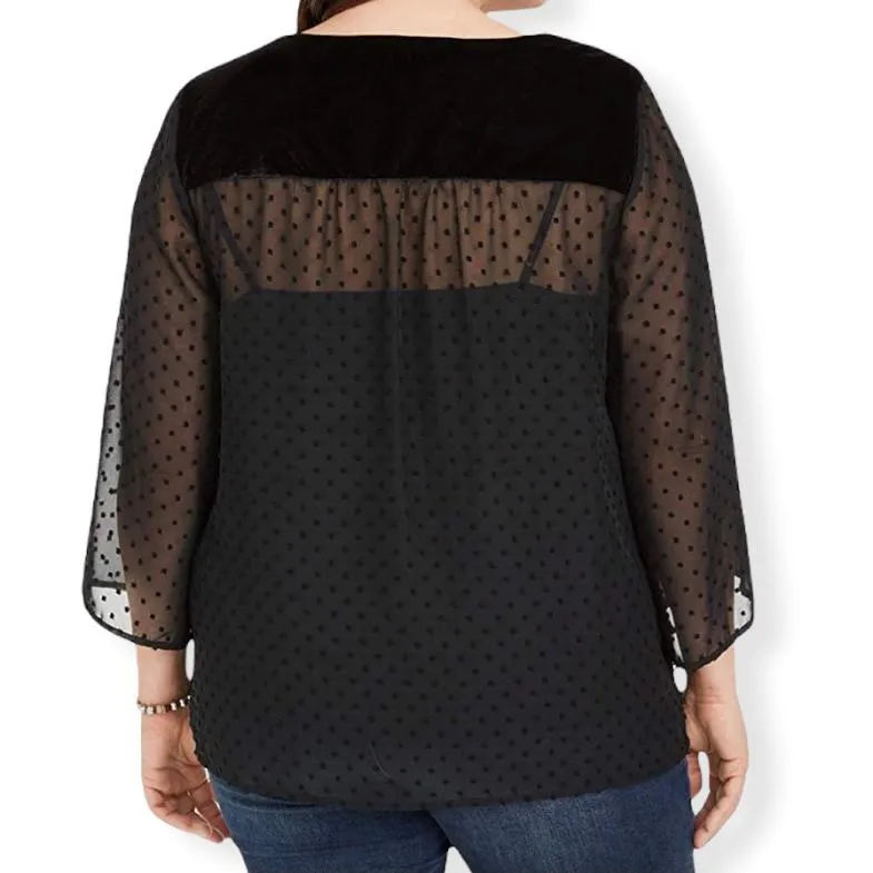 Mixed-Media Sheer-Sleeve V-Neck Women's Blouses