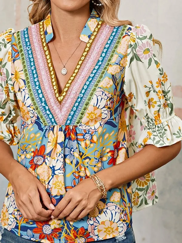 Multicolour Half Sleeve Boho Floral Blouse