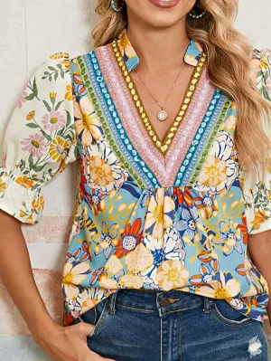 Multicolour Half Sleeve Boho Floral Blouse