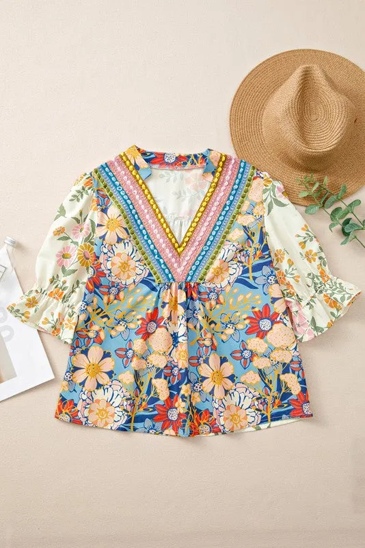 Multicolour Half Sleeve Boho Floral Blouse