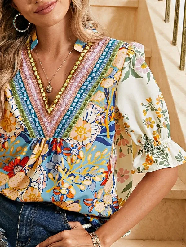 Multicolour Half Sleeve Boho Floral Blouse