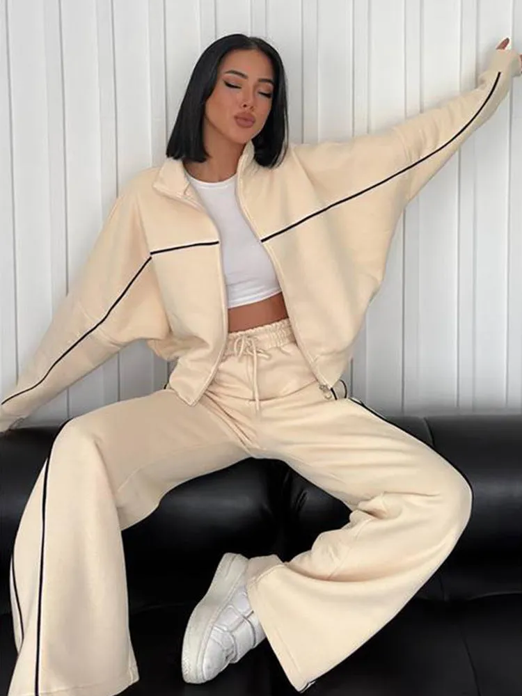 New Style Casual Set. Long Sleeve Mock Neck Cardigan Sweatshirt. Tied Striped Trousers. Cardigan Coat. Sporty Loose. Daily Set.C-241010-4