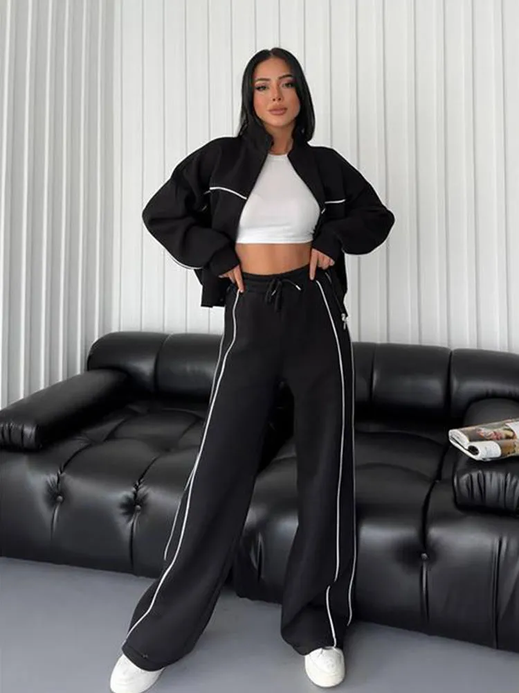 New Style Casual Set. Long Sleeve Mock Neck Cardigan Sweatshirt. Tied Striped Trousers. Cardigan Coat. Sporty Loose. Daily Set.C-241010-4