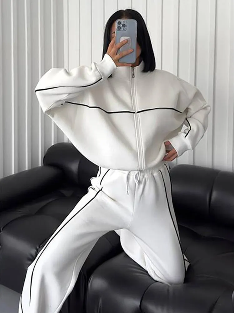New Style Casual Set. Long Sleeve Mock Neck Cardigan Sweatshirt. Tied Striped Trousers. Cardigan Coat. Sporty Loose. Daily Set.C-241010-4