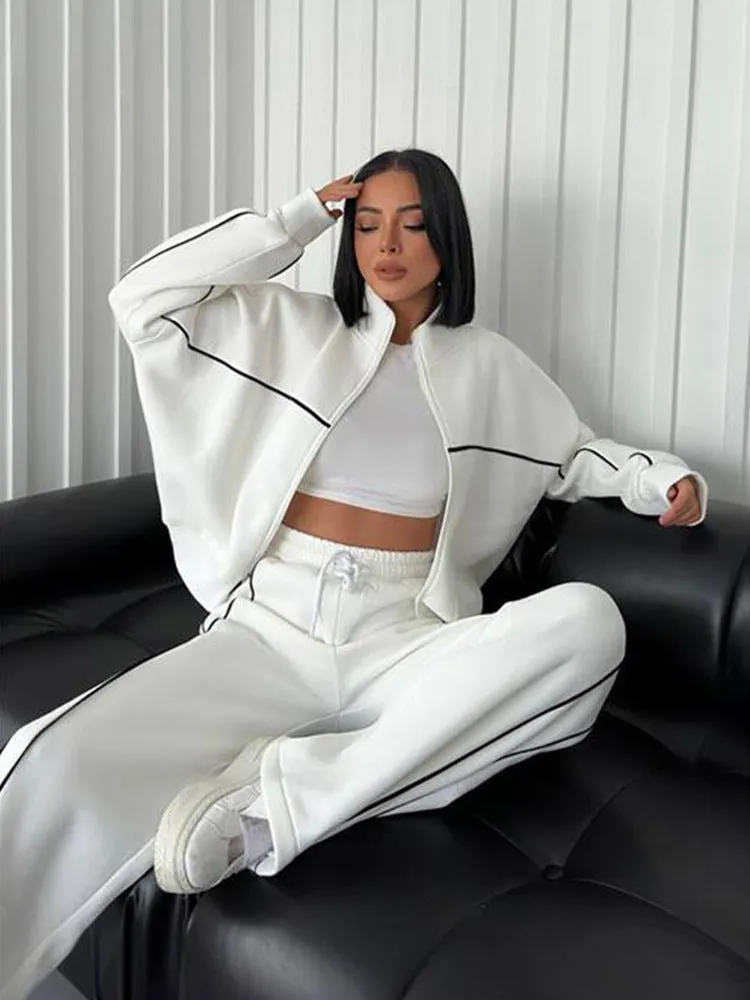New Style Casual Set. Long Sleeve Mock Neck Cardigan Sweatshirt. Tied Striped Trousers. Cardigan Coat. Sporty Loose. Daily Set.C-241010-4