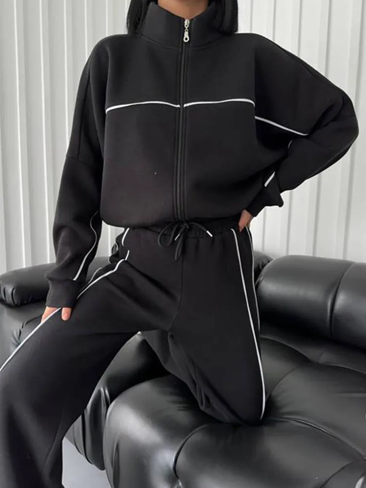 New Style Casual Set. Long Sleeve Mock Neck Cardigan Sweatshirt. Tied Striped Trousers. Cardigan Coat. Sporty Loose. Daily Set.C-241010-4