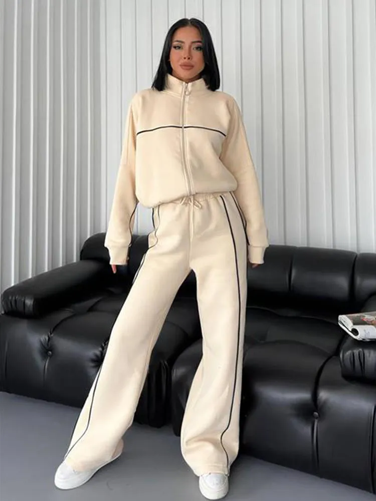 New Style Casual Set. Long Sleeve Mock Neck Cardigan Sweatshirt. Tied Striped Trousers. Cardigan Coat. Sporty Loose. Daily Set.C-241010-4