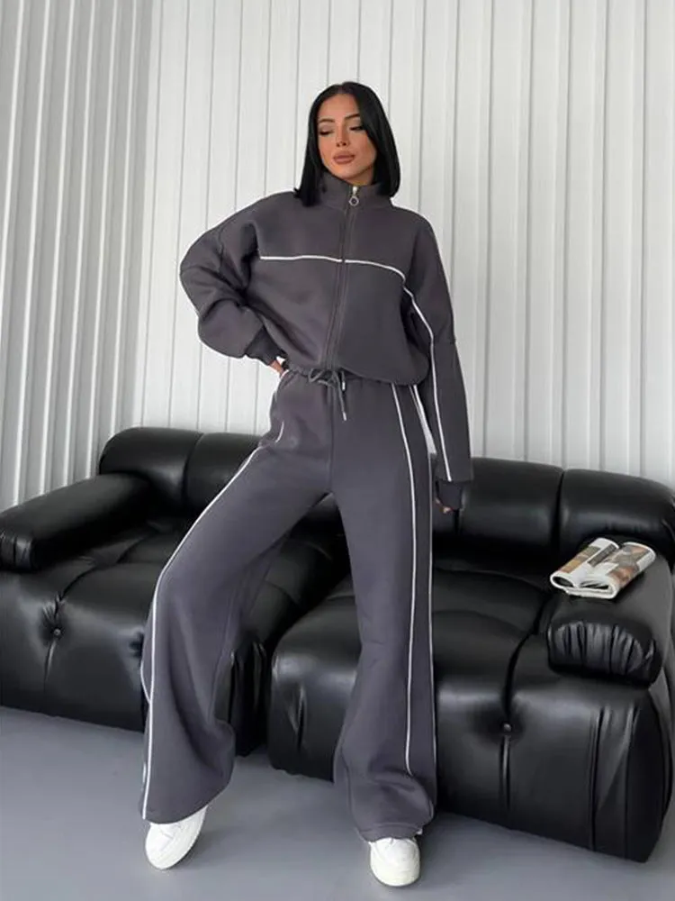 New Style Casual Set. Long Sleeve Mock Neck Cardigan Sweatshirt. Tied Striped Trousers. Cardigan Coat. Sporty Loose. Daily Set.C-241010-4
