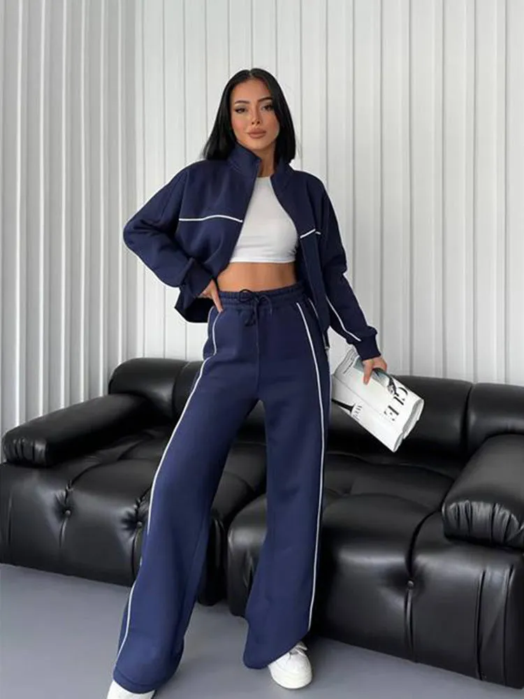 New Style Casual Set. Long Sleeve Mock Neck Cardigan Sweatshirt. Tied Striped Trousers. Cardigan Coat. Sporty Loose. Daily Set.C-241010-4