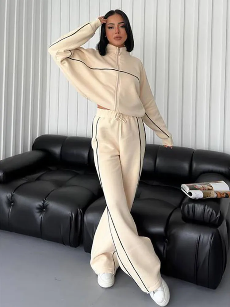 New Style Casual Set. Long Sleeve Mock Neck Cardigan Sweatshirt. Tied Striped Trousers. Cardigan Coat. Sporty Loose. Daily Set.C-241010-4