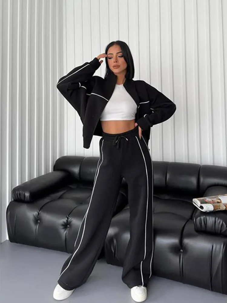 New Style Casual Set. Long Sleeve Mock Neck Cardigan Sweatshirt. Tied Striped Trousers. Cardigan Coat. Sporty Loose. Daily Set.C-241010-4