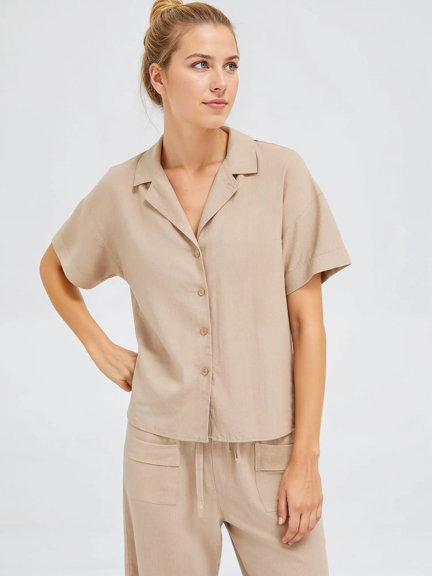 Notch Collar Linen Button Down Shirt