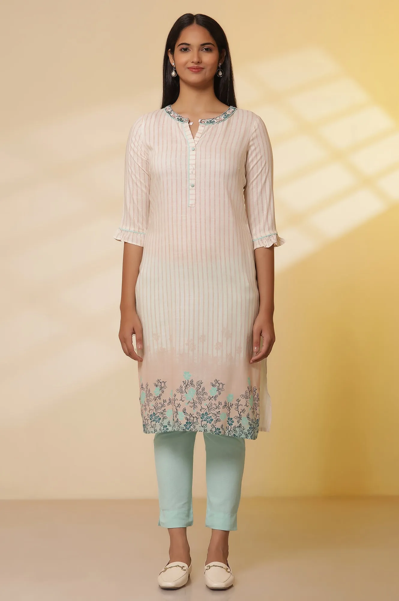 Off White Striped Band Collar Kurta and Trousers Set