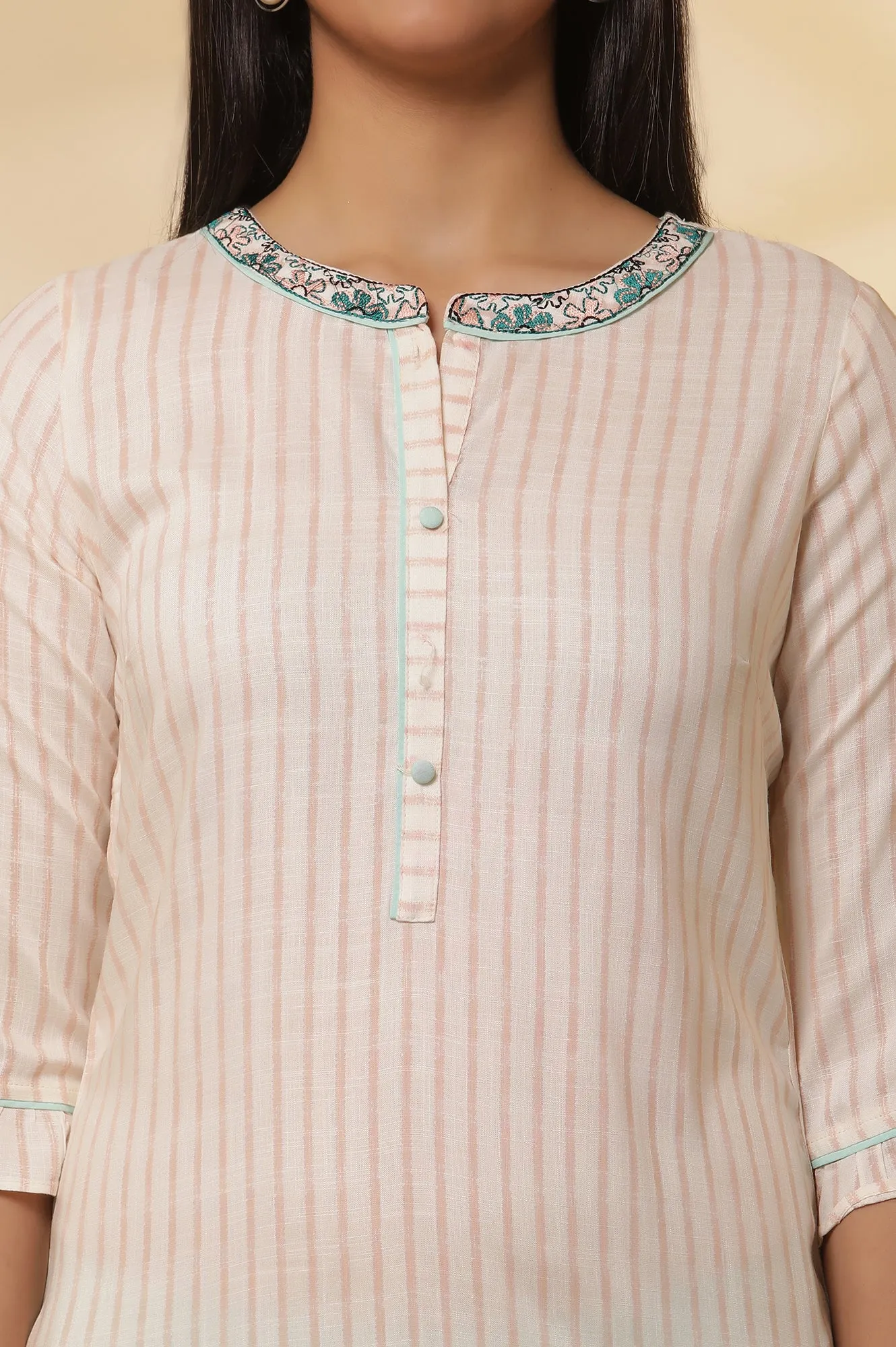 Off White Striped Band Collar Kurta and Trousers Set