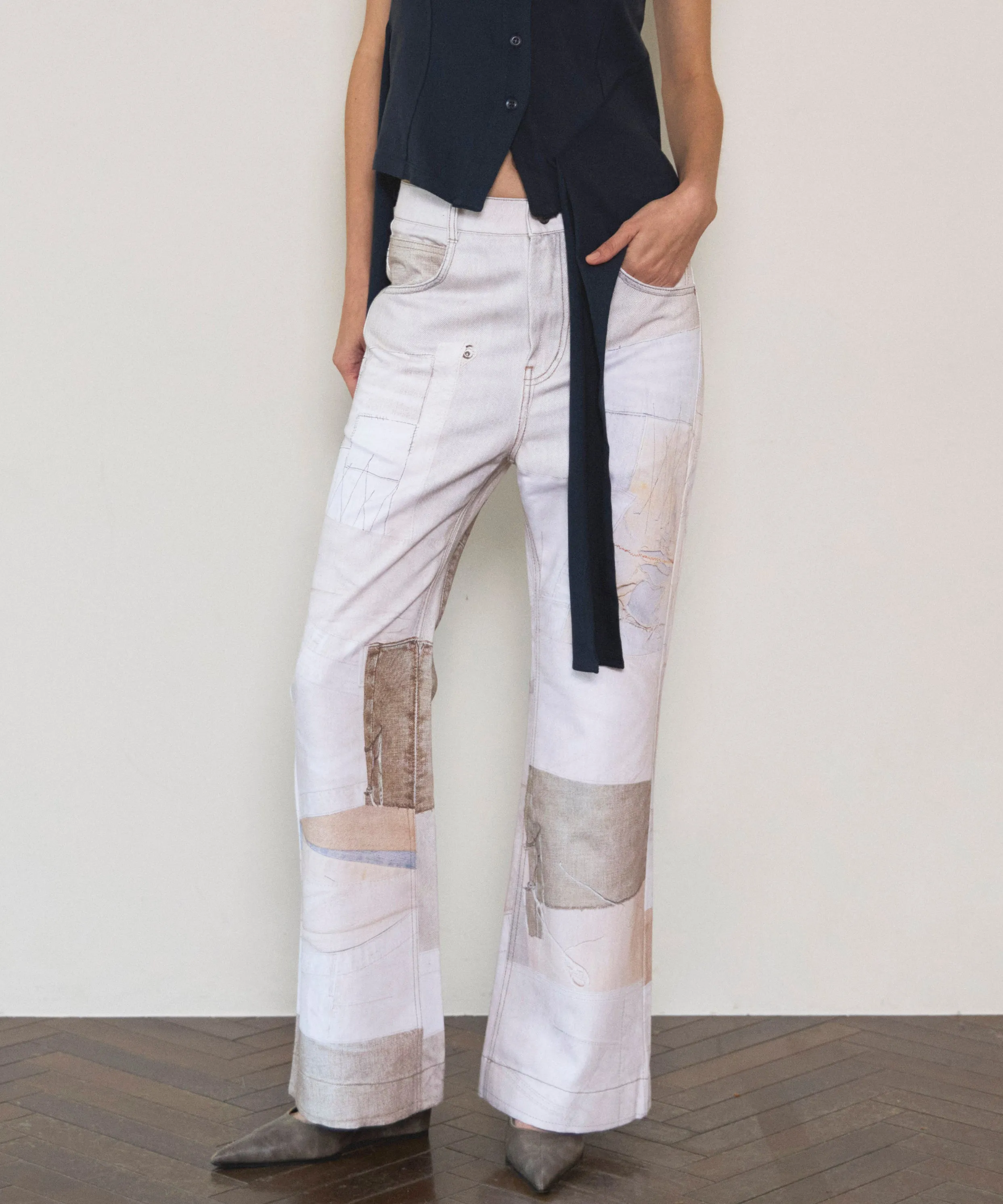 【OPEN YY】PATCHWORK EFFECT LOOSE BOOTCUT