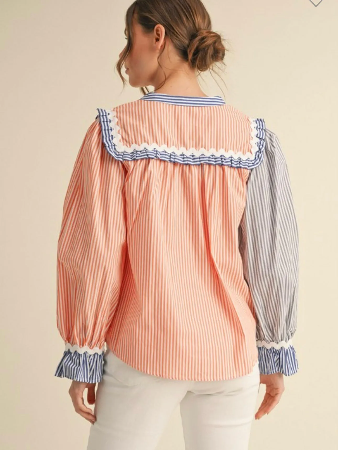Orange & Blue Striped Ruffle Blouse