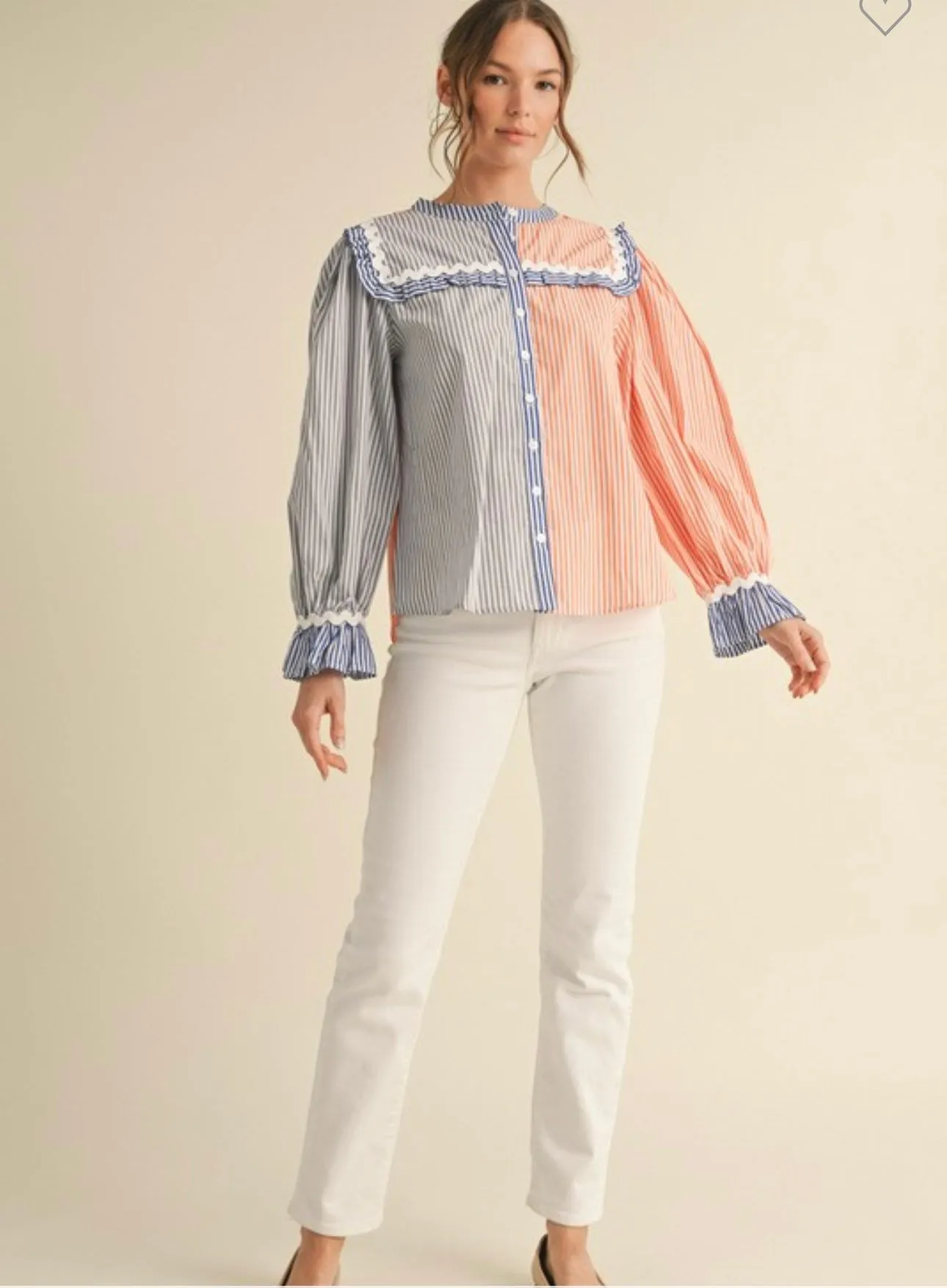 Orange & Blue Striped Ruffle Blouse