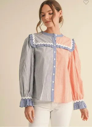 Orange & Blue Striped Ruffle Blouse
