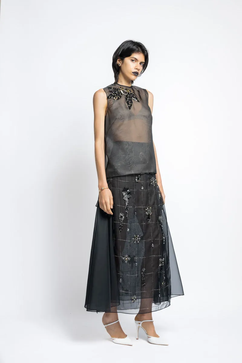 Organza Blouse With Open Back And Bay Leaf Embroidery