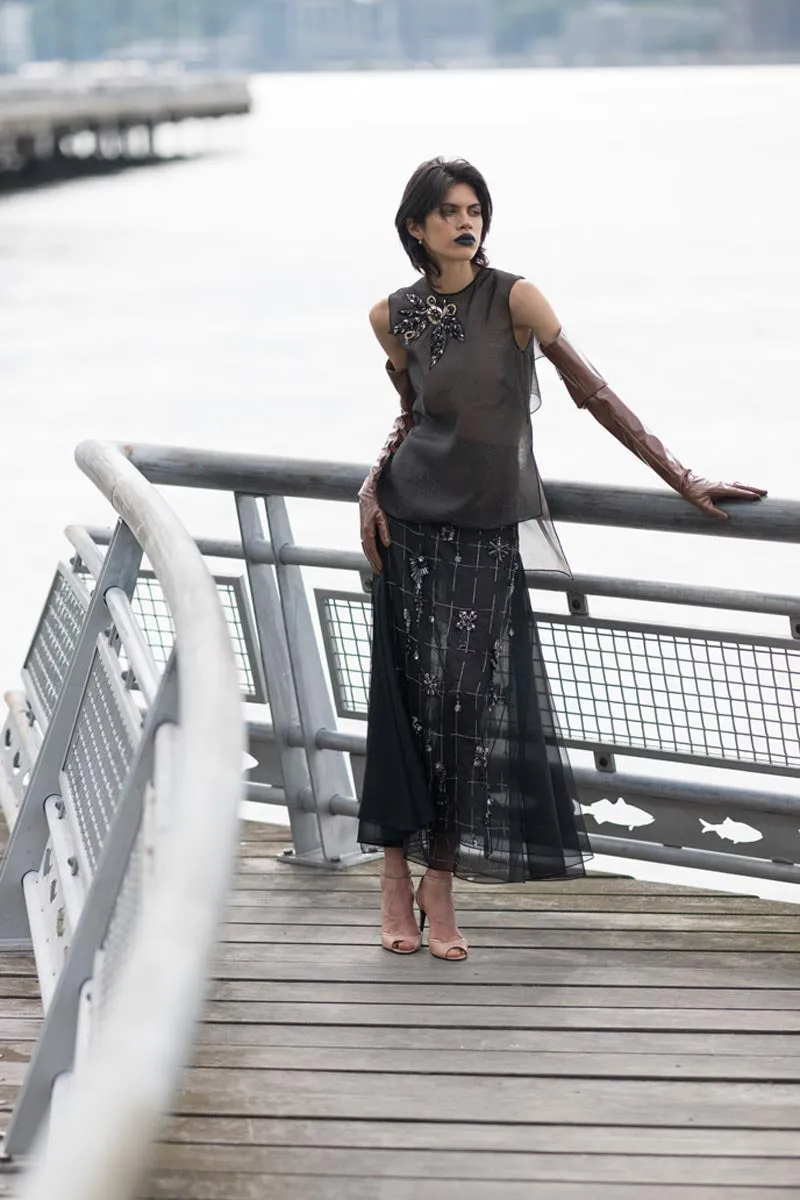Organza Blouse With Open Back And Bay Leaf Embroidery