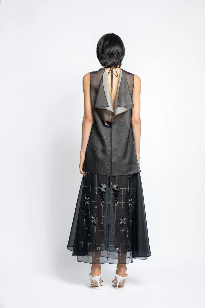 Organza Blouse With Open Back And Bay Leaf Embroidery