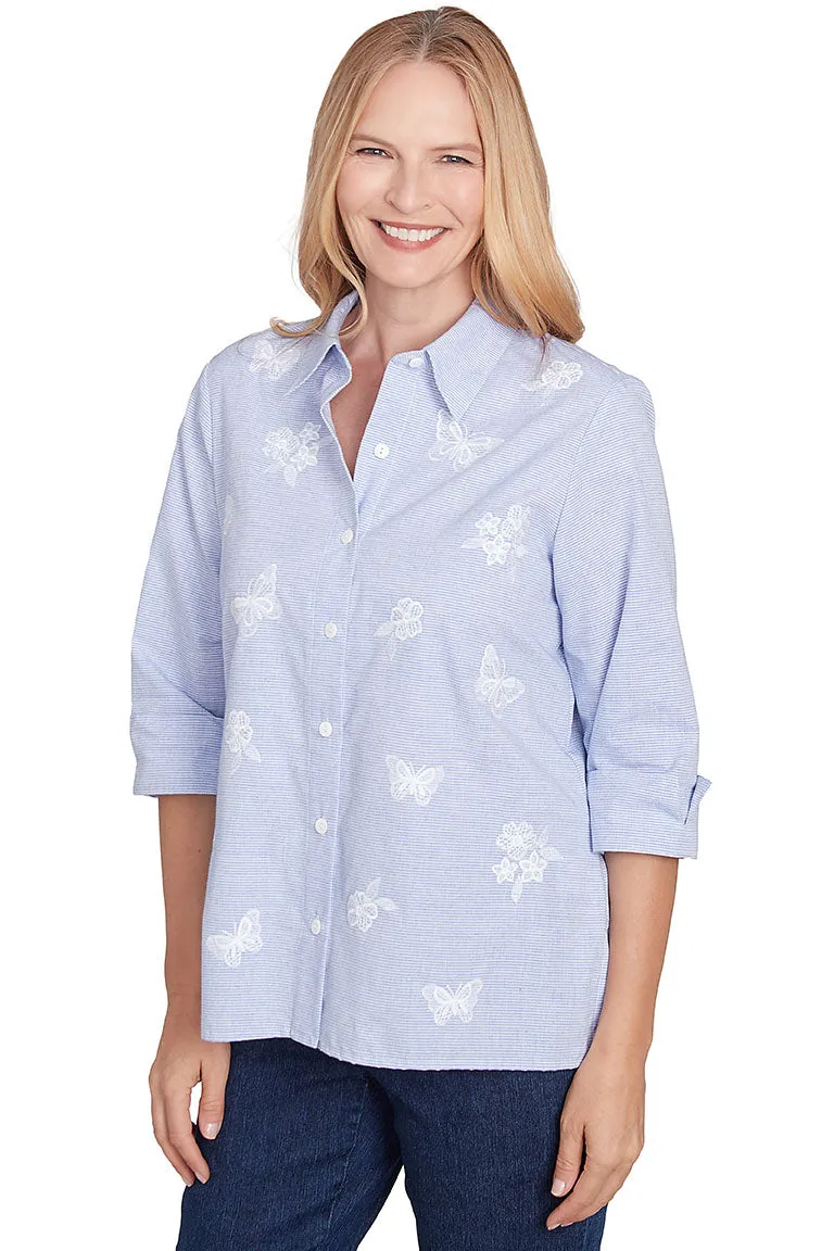 Petite Embroidered Butterflies Striped Shirt