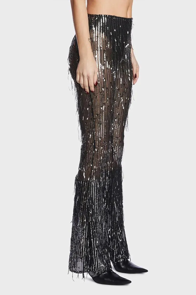 PF0410 Sequins Fringe Long Pants