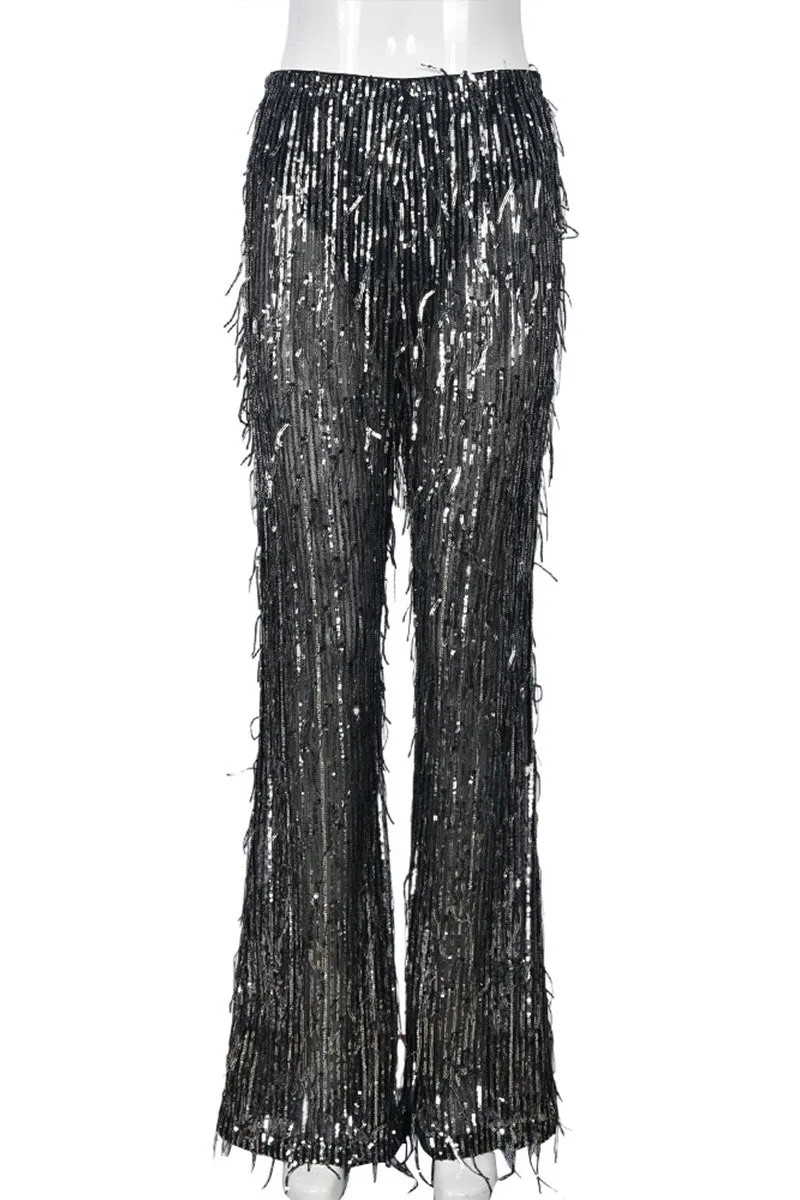 PF0410 Sequins Fringe Long Pants