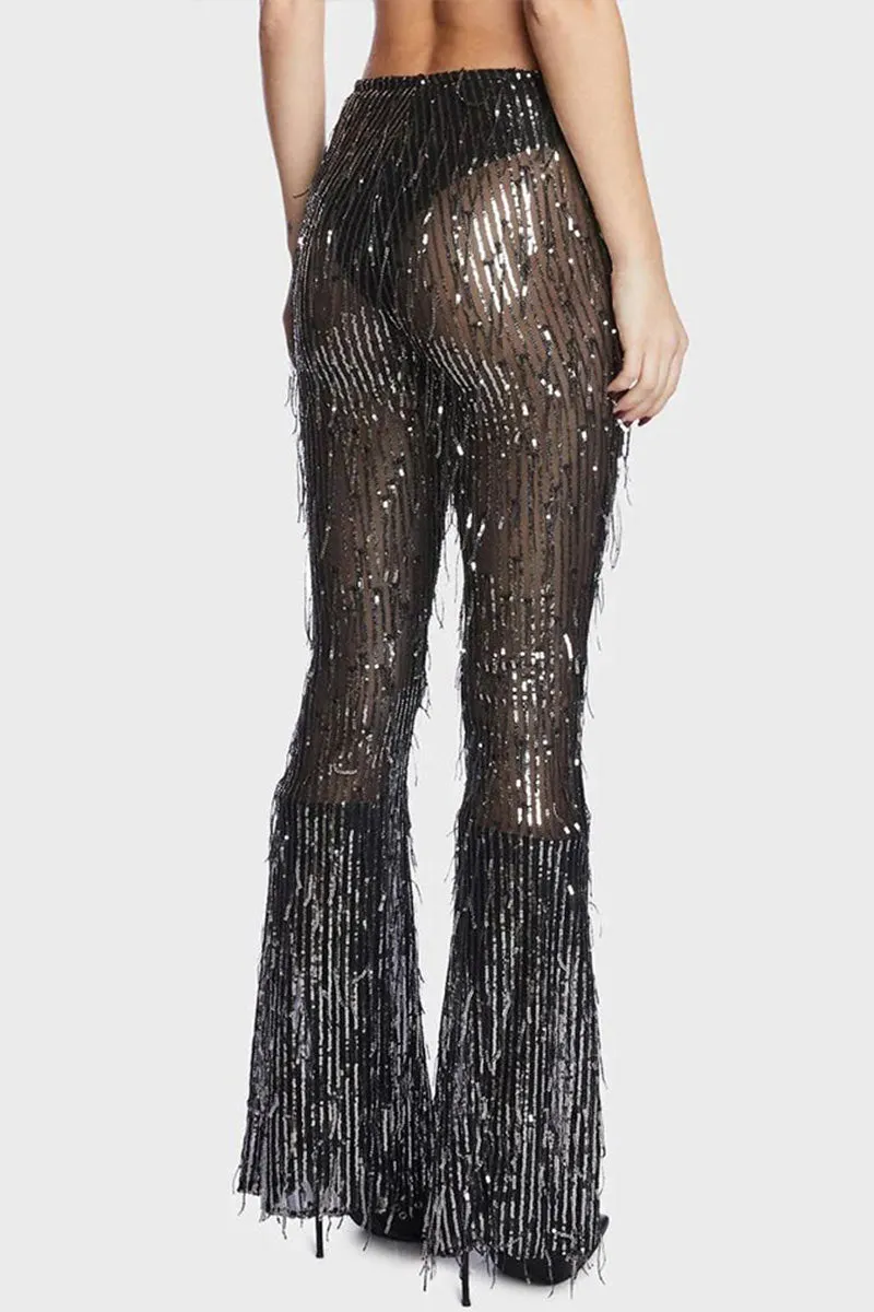 PF0410 Sequins Fringe Long Pants