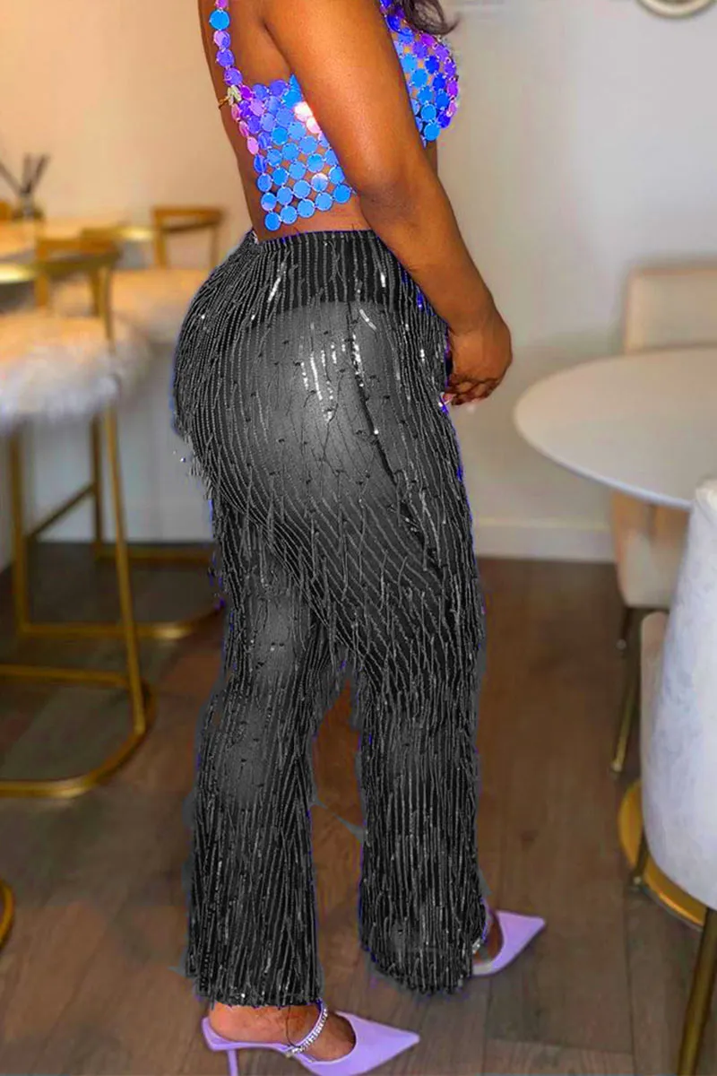 PF0410 Sequins Fringe Long Pants