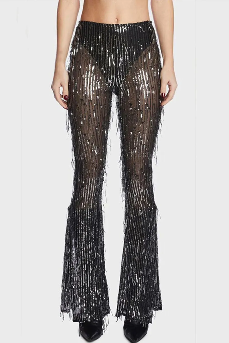 PF0410 Sequins Fringe Long Pants