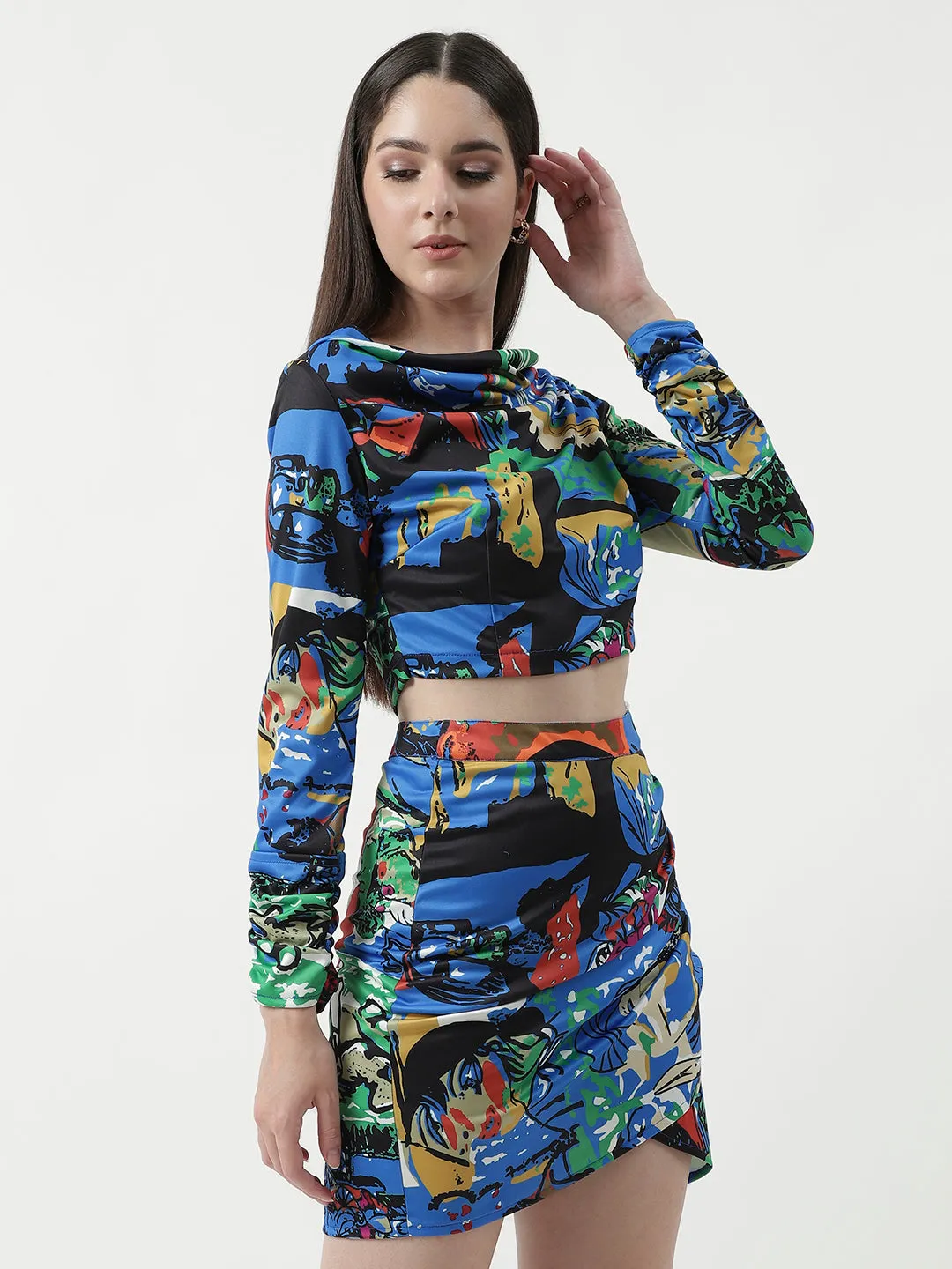 Picasso Digital Printed Crop Top With Short Skirt Set (Set Of 2)