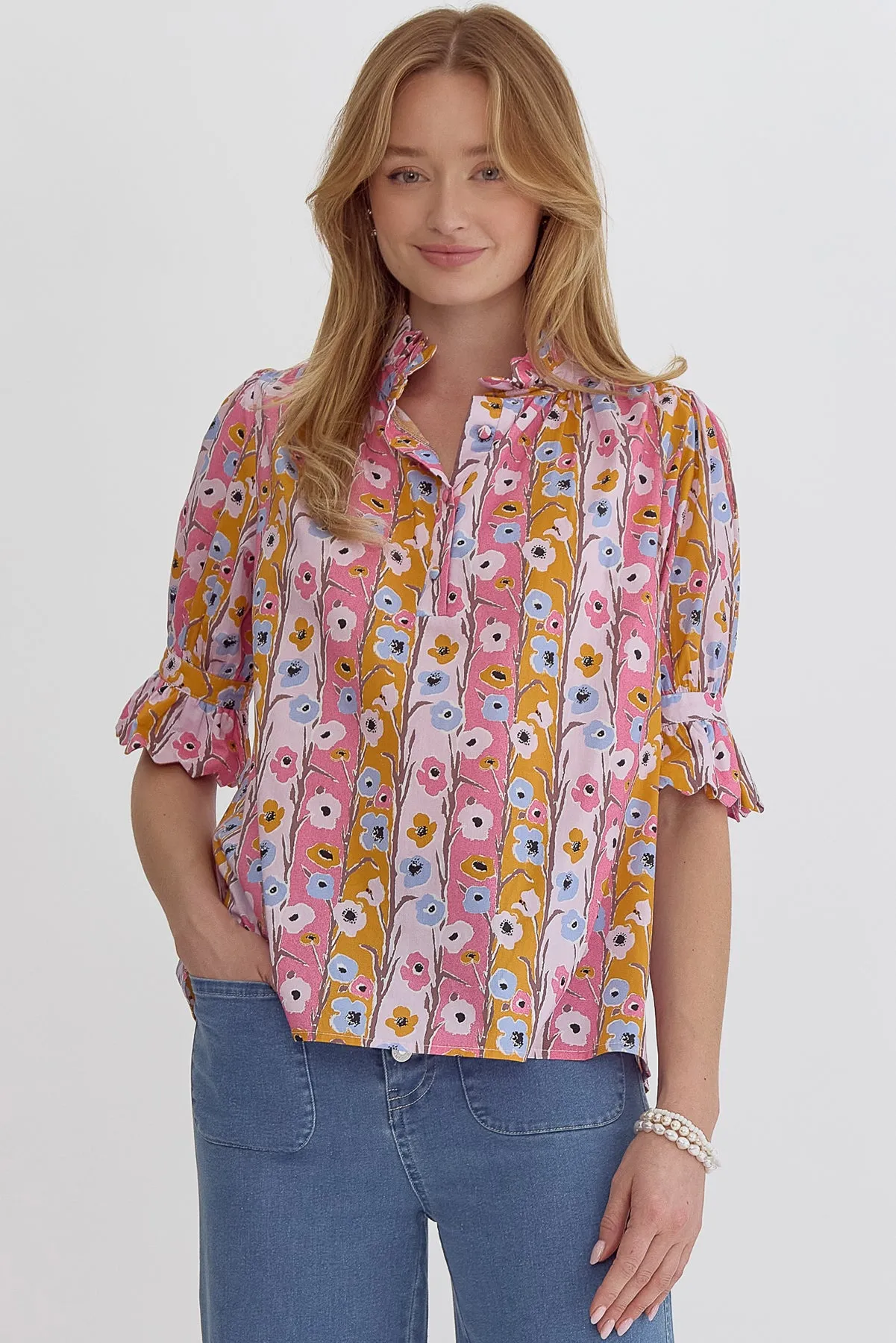Pink & Rust Floral Scallop Top